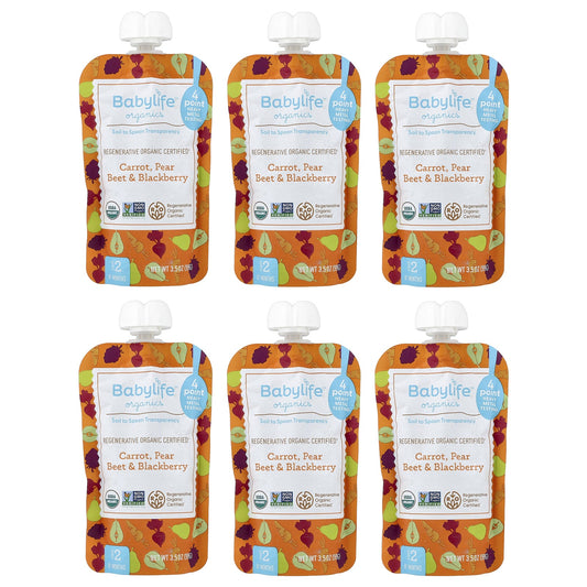 BabyLife Organics, Baby Food, 6+ Months, Carrot, Pear, Beet & Blackberry, 6 Pouches, 3.5 oz (99 g) Each