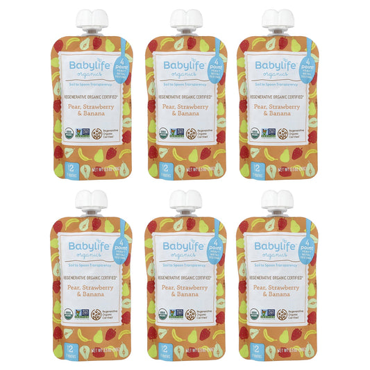 BabyLife Organics, Baby Food, 6+ Months, Pear, Strawberry & Banana, 6 Pouches, 3.5 oz (99 g) Each