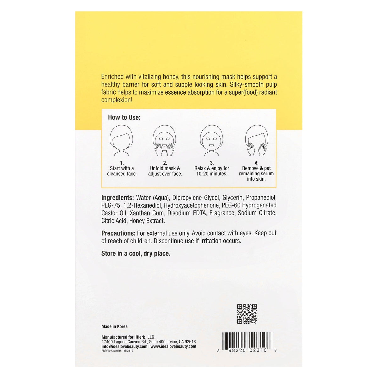 Idealove, Superfood Skin Savior Beauty Masks, For Love and Honey, 5 Sheets, 0.68 fl oz (20 ml) Each