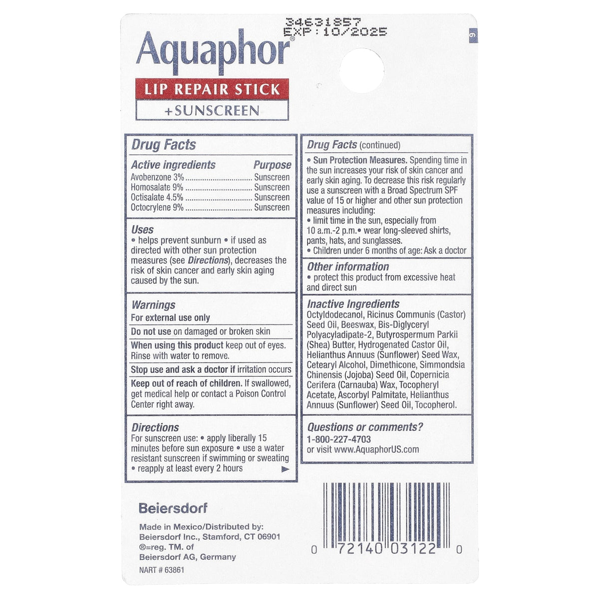 Aquaphor, Lip Repair Stick + Sunscreen, SPF 30, Fragrance Free, 0.17 oz (4.8 g)