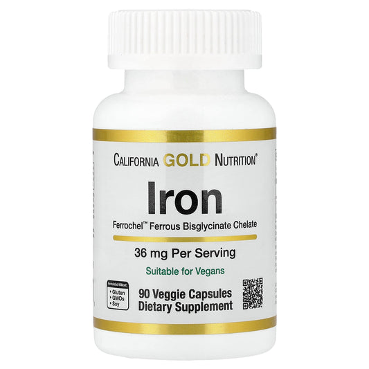 California Gold Nutrition, Ferrochel® Iron (Bisglycinate), 36 mg, 90 Veggie Capsules