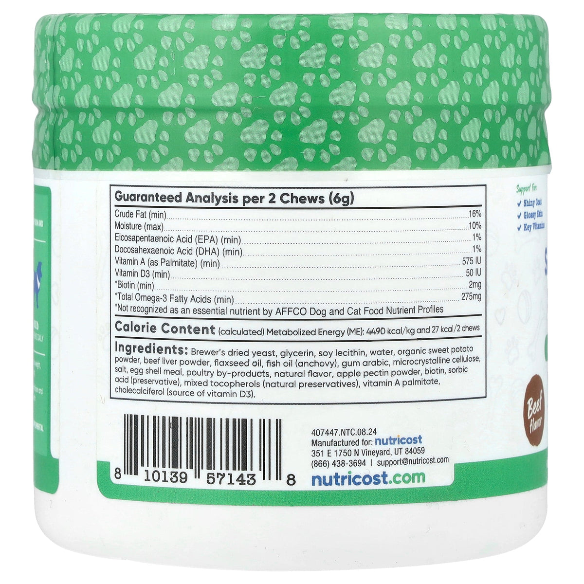Nutricost, Pets, Skin & Coat Support, For Dogs, Beef, 60 Soft Chews, 6.4 oz (180 g)