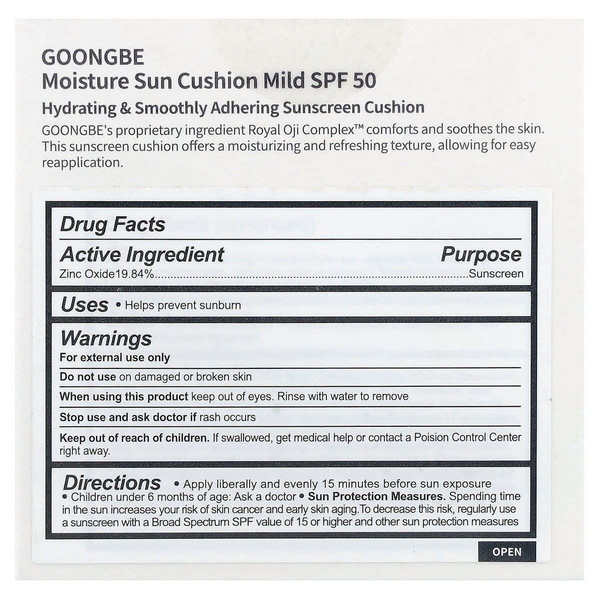 Goongbe, Moisture Sun Cushion Sunscreen, Mild, SPF 50, 0.49 oz (14 g)