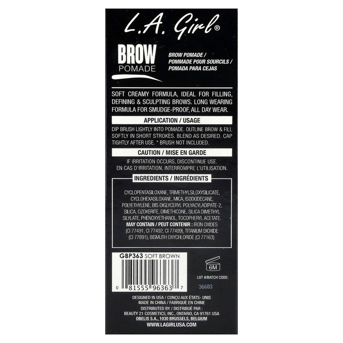 L.A. Girl, Brow Pomade, GBP363 Soft Brown, 0.11 oz (3 g)