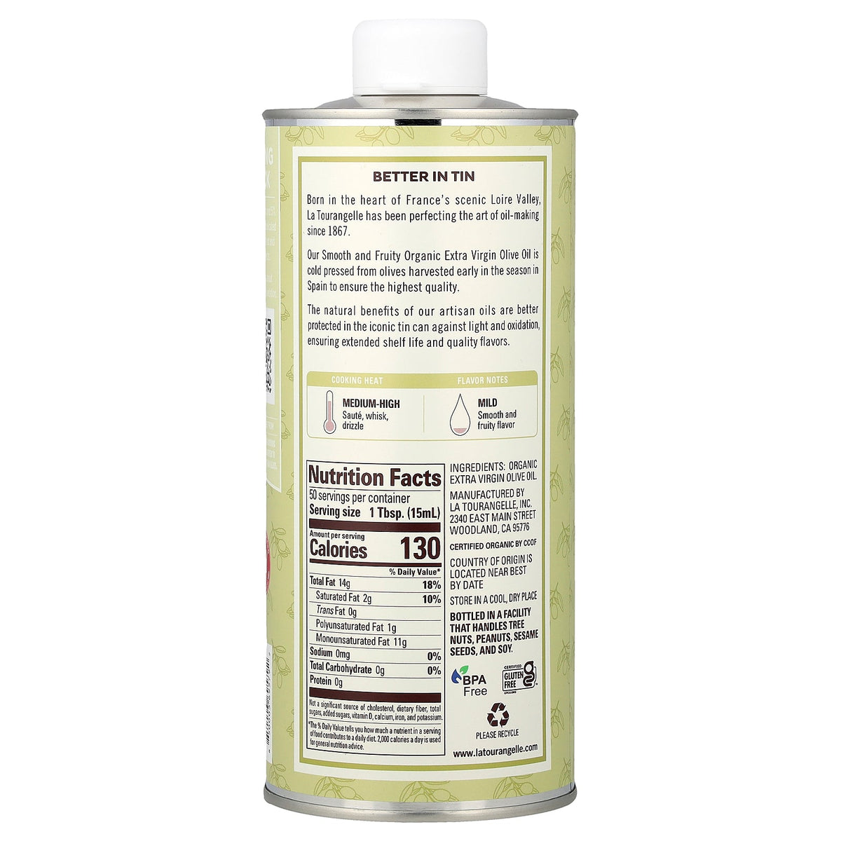 La Tourangelle, Organic Extra Virgin Olive Oil, Smooth & Fruity, 25.4 fl oz (750 ml)
