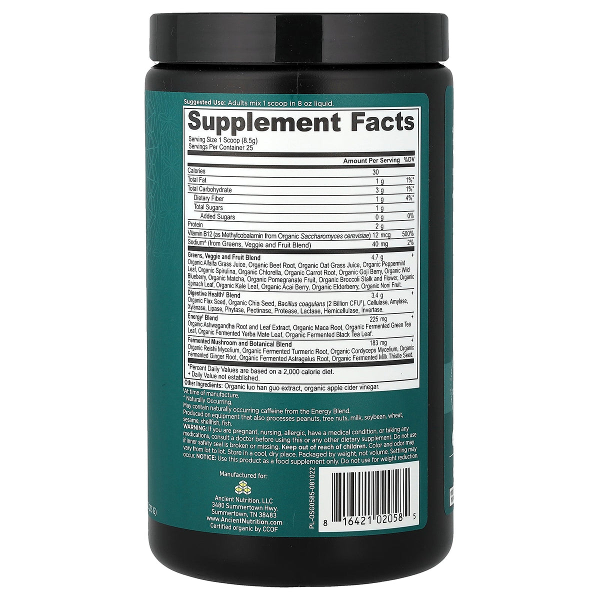 Ancient Nutrition, Organic Super Greens, Energizer, 7.5 oz (213 g)