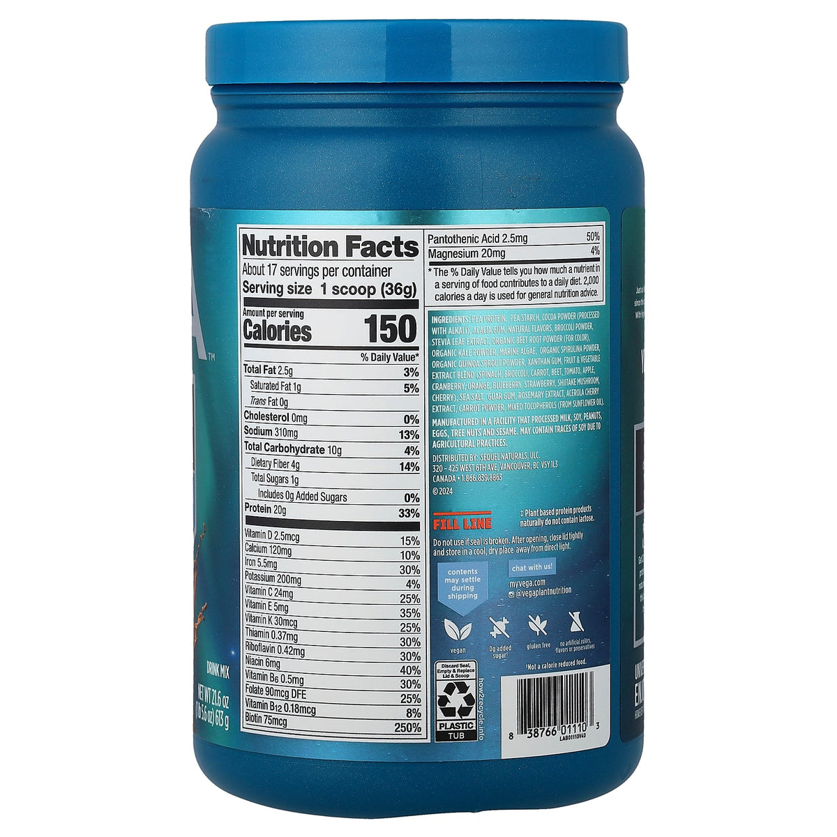 Vega, Plant-Based Protein, Premium Protein + Nutrition, Chocolate, 1 lb 5.6 oz (613 g)