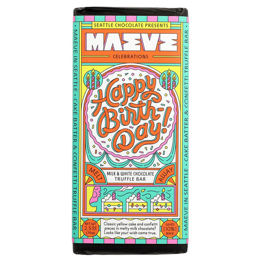 Maeve Chocolate, Milk & White Chocolate Truffle Bar, Happy Birthday, 2.5 oz (70 g)