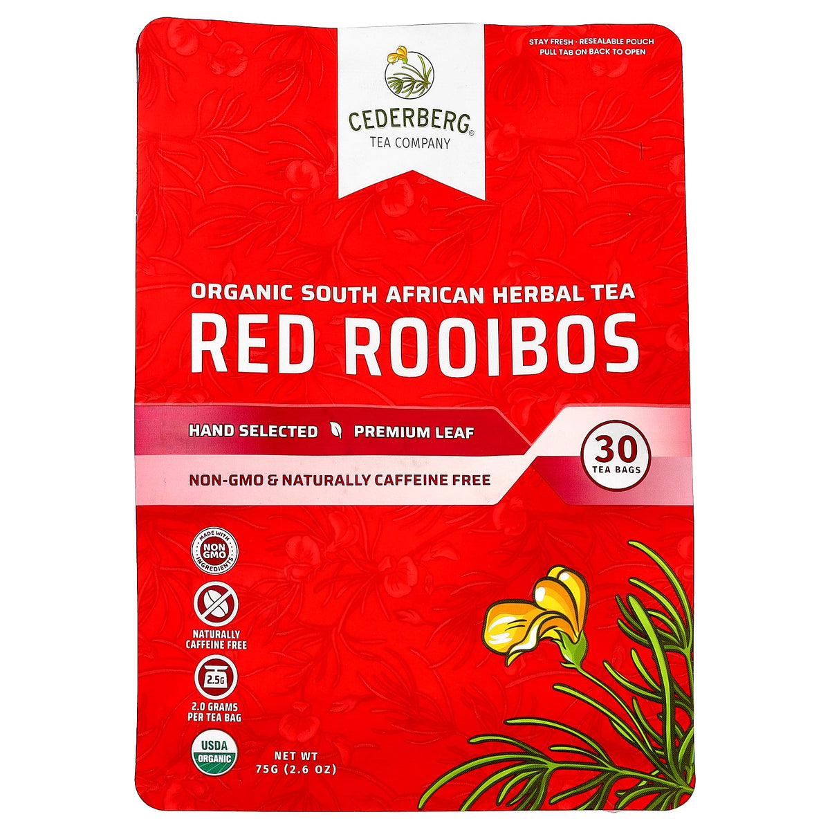 Cederberg Tea Co, Organic South African Herbal Tea, Red Rooibos, Caffeine Free, 30 Tea Bags, 2.6 oz (75 g)