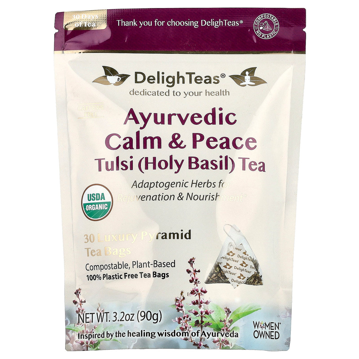 DelighTeas, Ayurvedic Calm & Peace Tulsi (Holy Basil) Tea, Caffeine Free, 30 Luxury Pyramid Tea Bags, 3.2 oz (90 g)