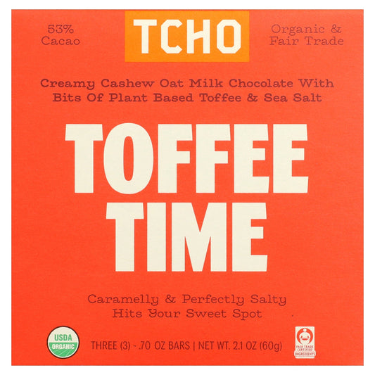 TCHO, Toffee Time, Oat Milk Chocolate With Toffee & Sea Salt, 53% Cacao, 3 Bars, 0.70 oz Each