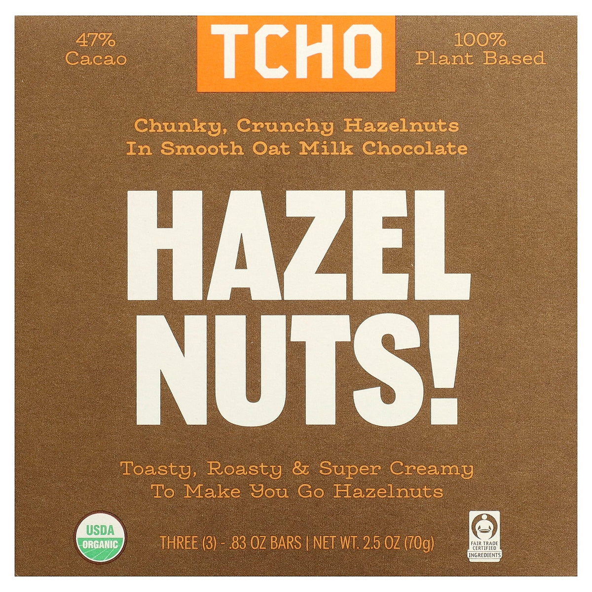 TCHO, Hazel Nuts, Smooth Oat Milk Chocolate, 47% Cacao, 3 Bars, 0.83 oz Each