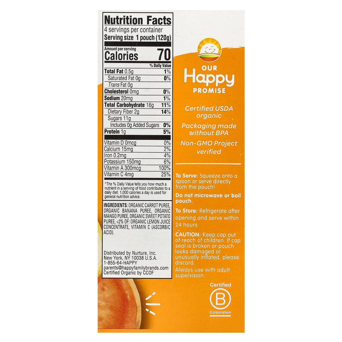 Happy Family Organics, Happy Tot®, Love My Veggies, Stage 4, Organic Carrots, Bananas, Mangos & Sweet Potatoes, 4 Pouches, 4.22 oz (120 g) Each