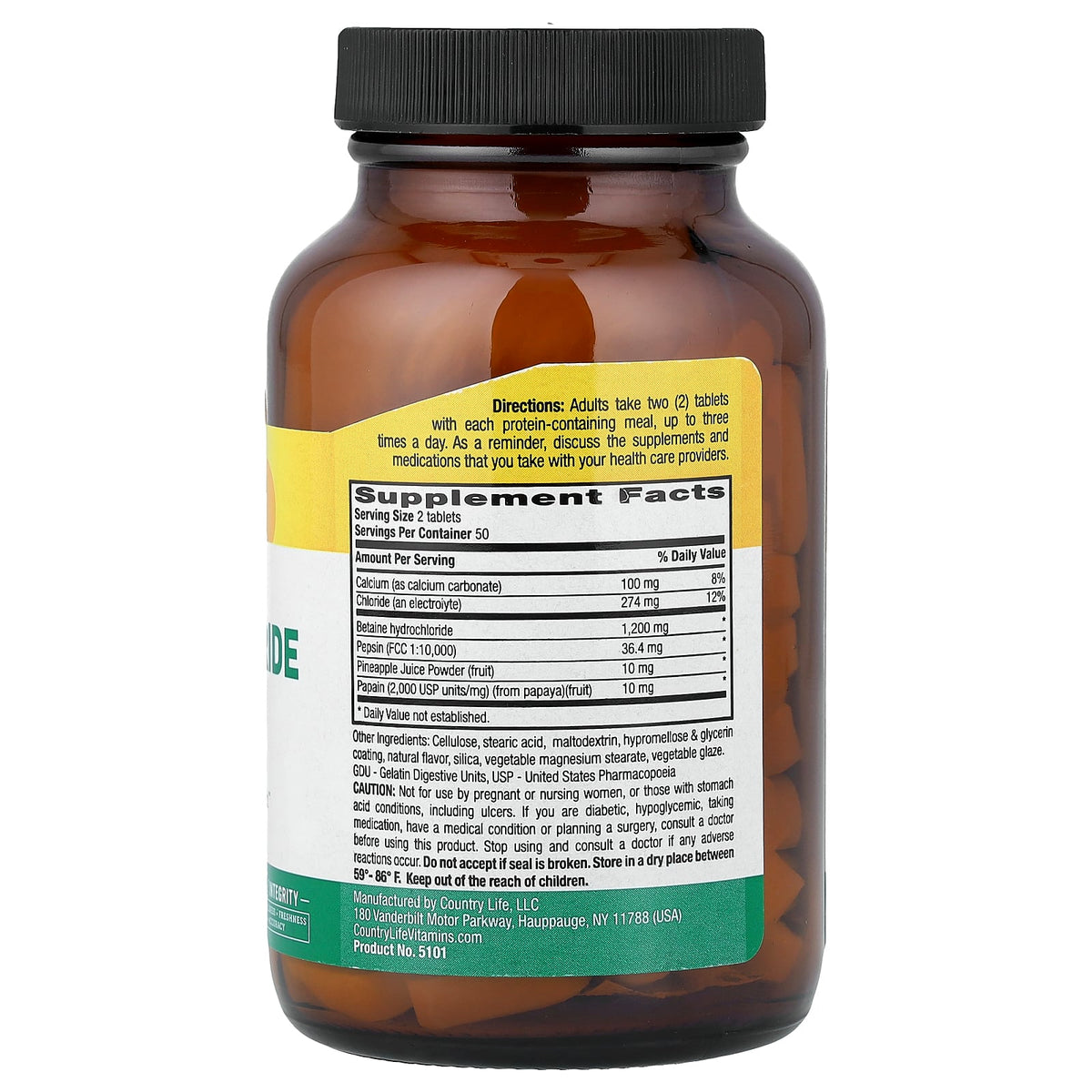 Country Life, Betaine Hydrochloride with Pepsin, 100 Tablets