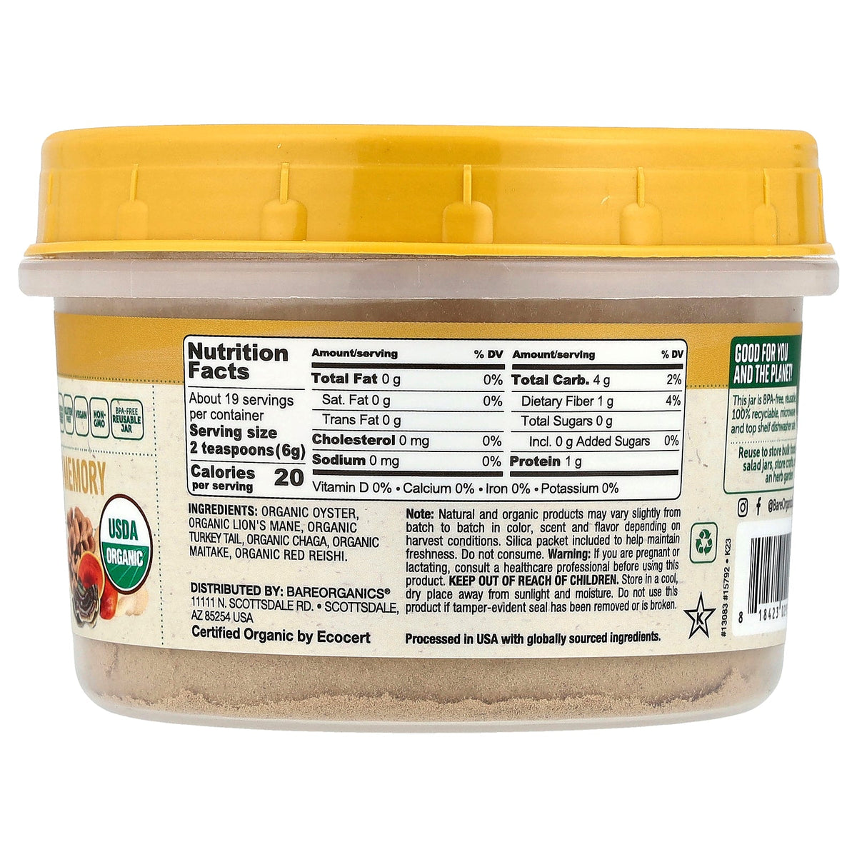 BareOrganics, Organic Mushroom Memory 6 Blend Powder, 4 oz (114 g)