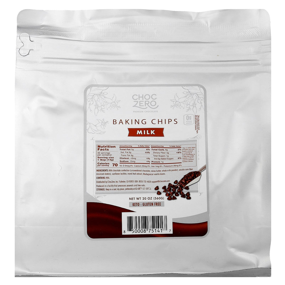 ChocZero, Baking Chips, Milk, 20 oz (560 g)