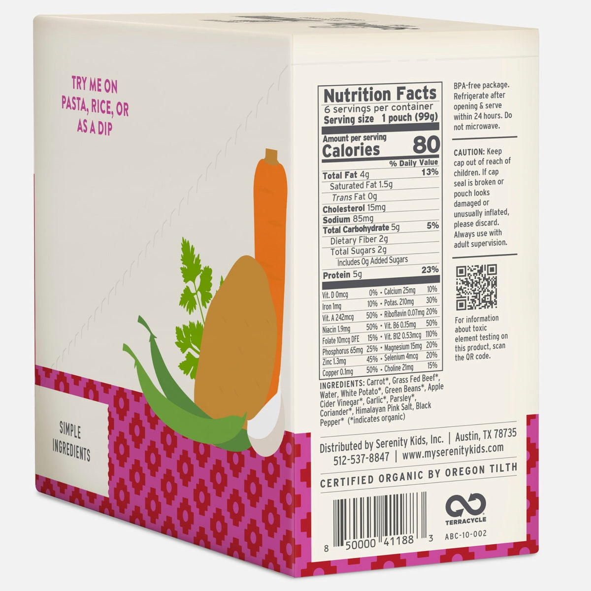 Serenity Kids, Grass Fed Beef Chimichurri with Carrot, Parsley, Cilantro and Green Beans, 7+ Months, 6 Pouches, 3.5 oz (99 g) Each