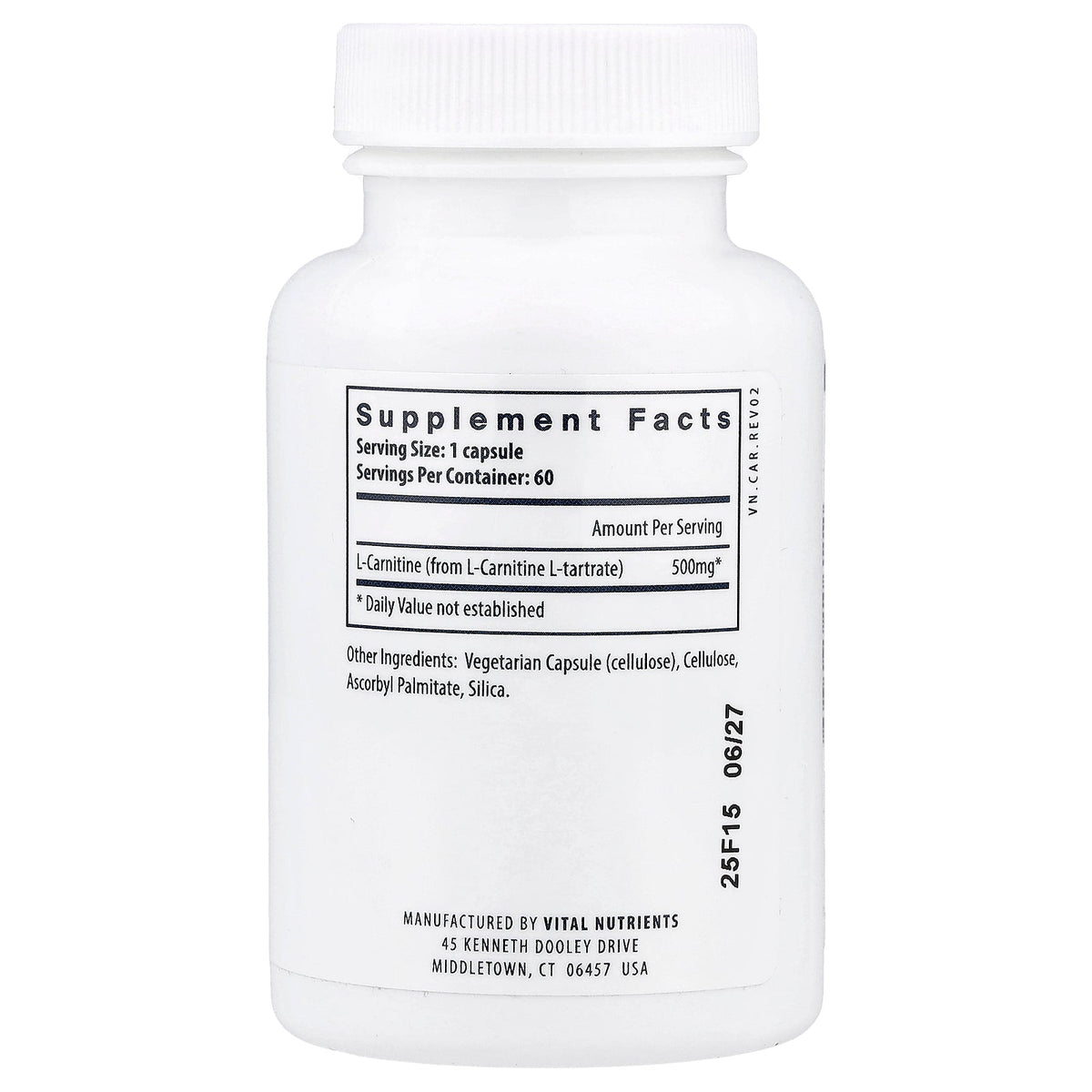 Vital Nutrients, Carnitine, 60 Vegan Capsules (500 mg per Capsule)