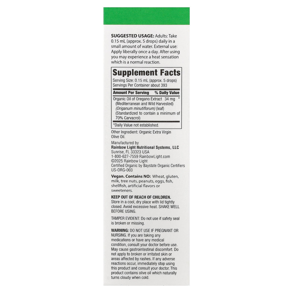 Rainbow Light, Organic Oil Of Oregano, Alcohol Free, 2 fl oz (59 ml)