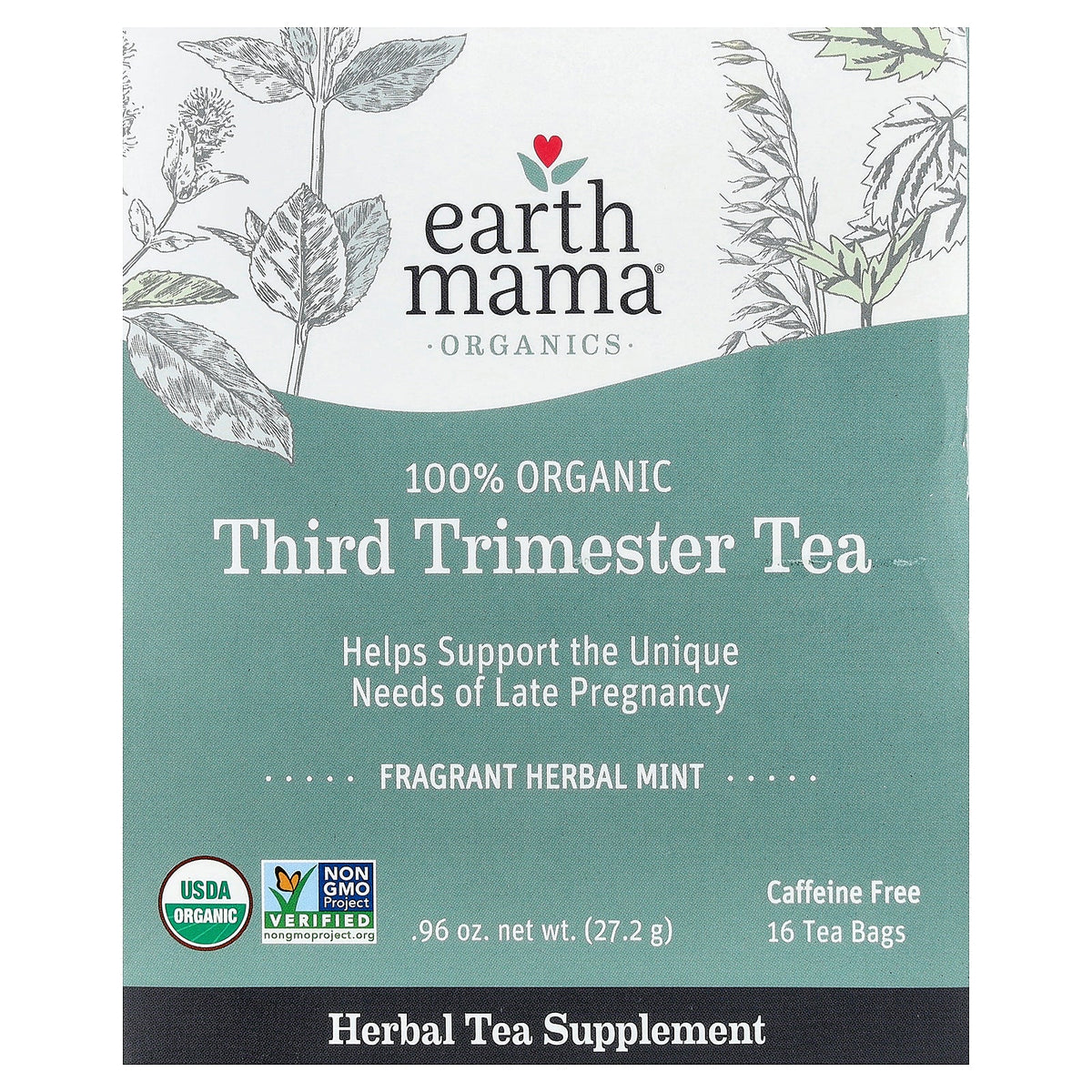 Earth Mama, Organics, 100 Organic Third Trimester Tea, Mint, Caffeine Free, 16 Tea Bags, 0.96 oz (27.2 g)