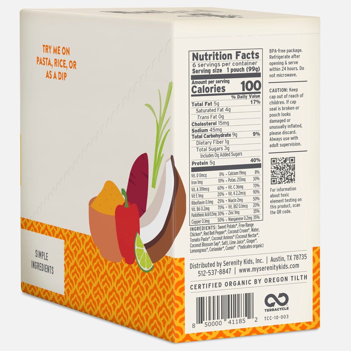 Serenity Kids, Coconut Curry with Free Range Chicken, 6+ Months, 6 Pouches, 3.5 oz (99 g) Each