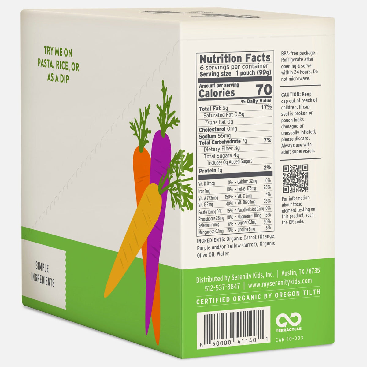 Serenity Kids, Organic Carrots, Orange, Purple & Yellow Carrots with Olive Oil, 6+ Months, 6 Pouches, 3.5 oz (99g ) Each