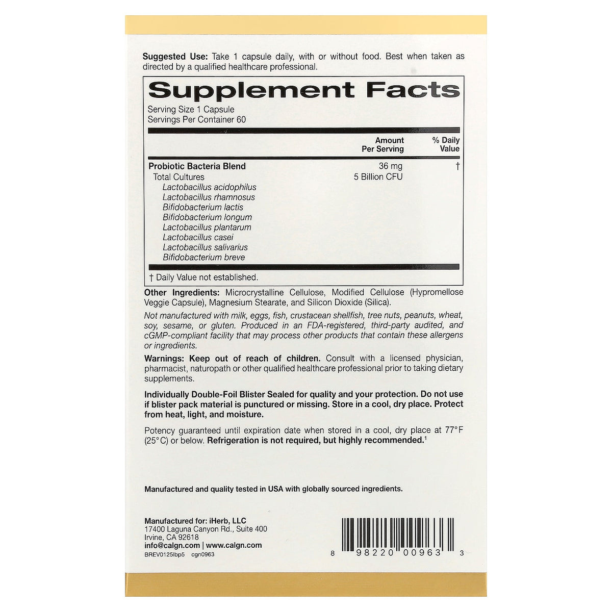 California Gold Nutrition, LactoBif® 5 Probiotics, 5 Billion CFU, 60 Veggie Capsules