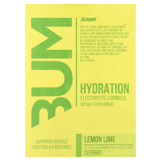 Raw Nutrition, Bum, Hydration, Electrolyte Formula, Lemon Lime, 20 Packets, 0.2 oz (5.8 g) Each