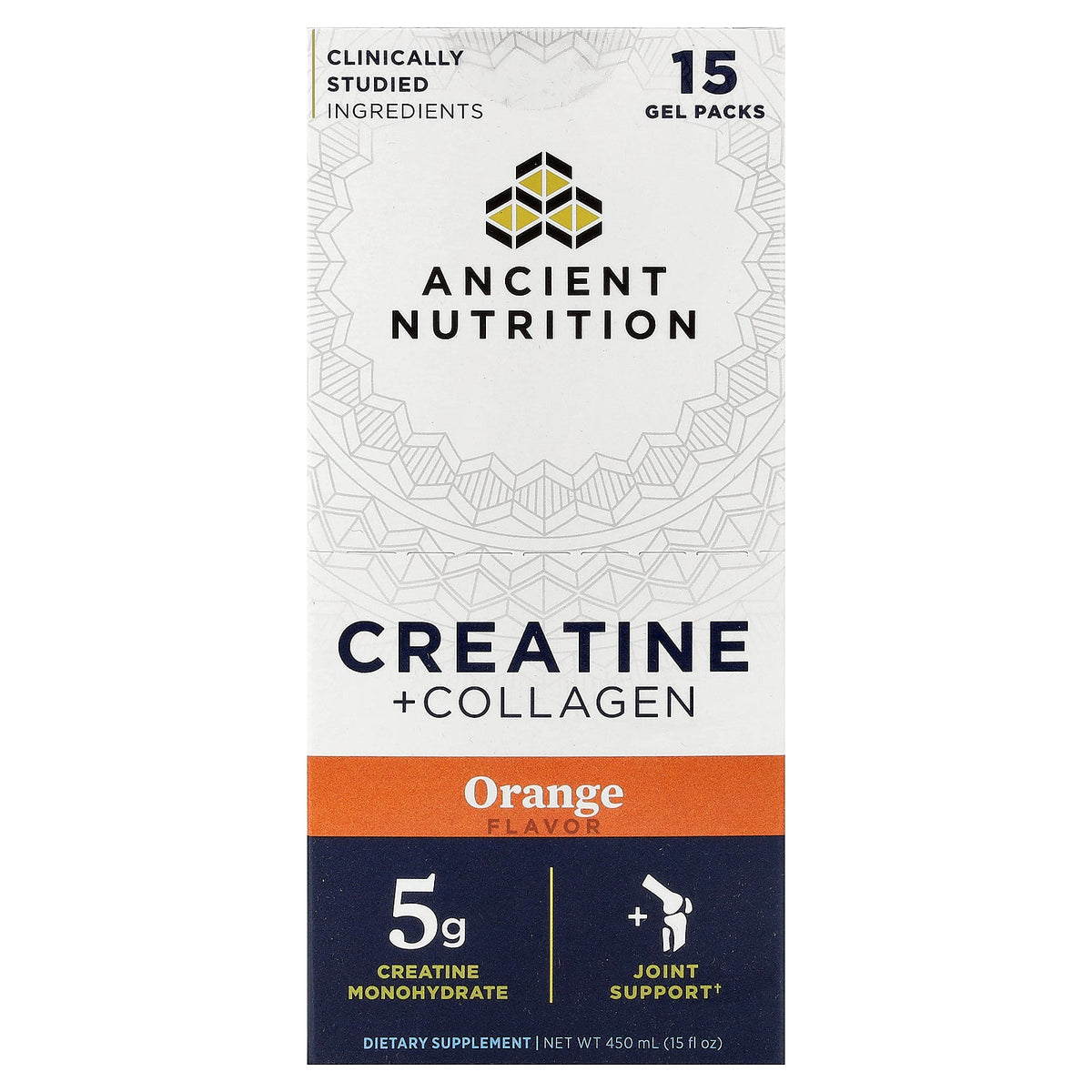 Ancient Nutrition, Creatine + Collagen, Orange, 15 Gel Packs, 1 fl oz (30 ml) Each