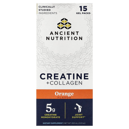 Ancient Nutrition, Creatine + Collagen, Orange, 15 Gel Packs, 1 fl oz (30 ml) Each