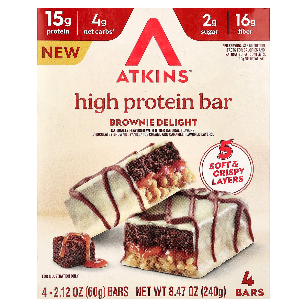 Atkins, High Protein Bar, Brownie Delight, 4 Bars, 2.12 oz (60 g) Each