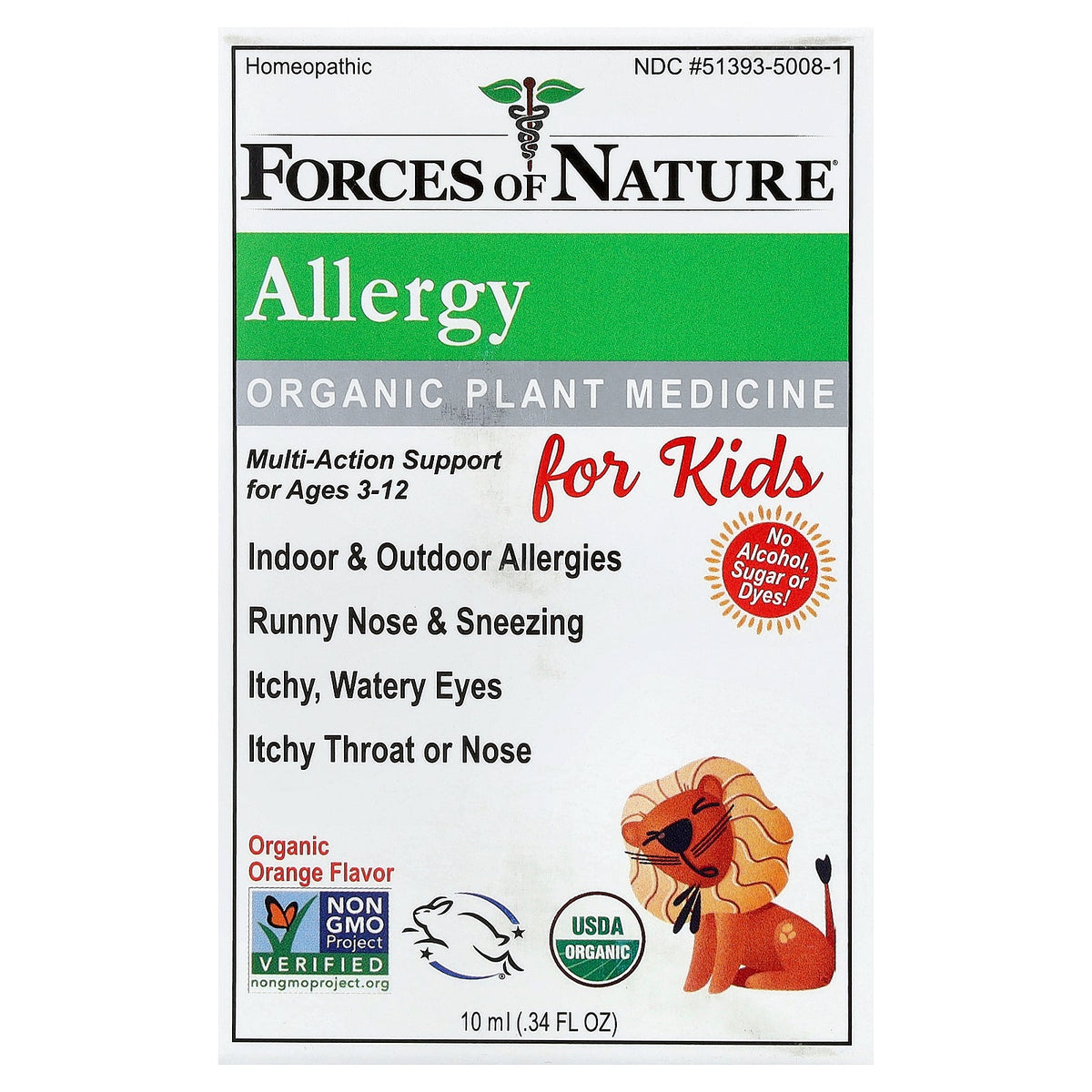 Forces of Nature, Allergy, Organic Plant Medicine, For Kids Ages 3-12, Orange, 0.34 fl oz (10 ml)