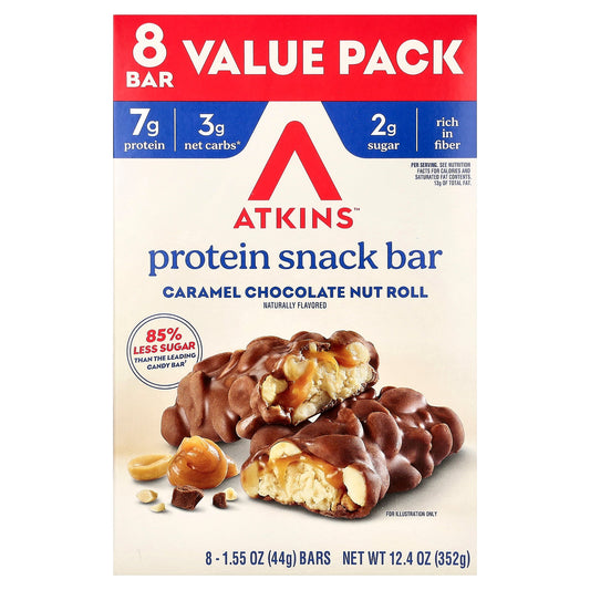 Atkins, Protein Snack Bar, Caramel Chocolate Nut Roll, 8 Bars, 1.55 oz (44 g) Each