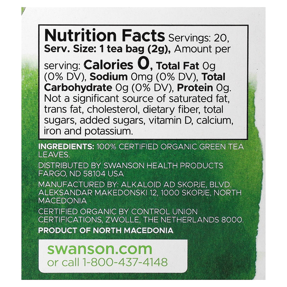 Swanson Vitamins, 100% Organic Green Tea, 20 Tea Bags, 1.4 oz (40 g)
