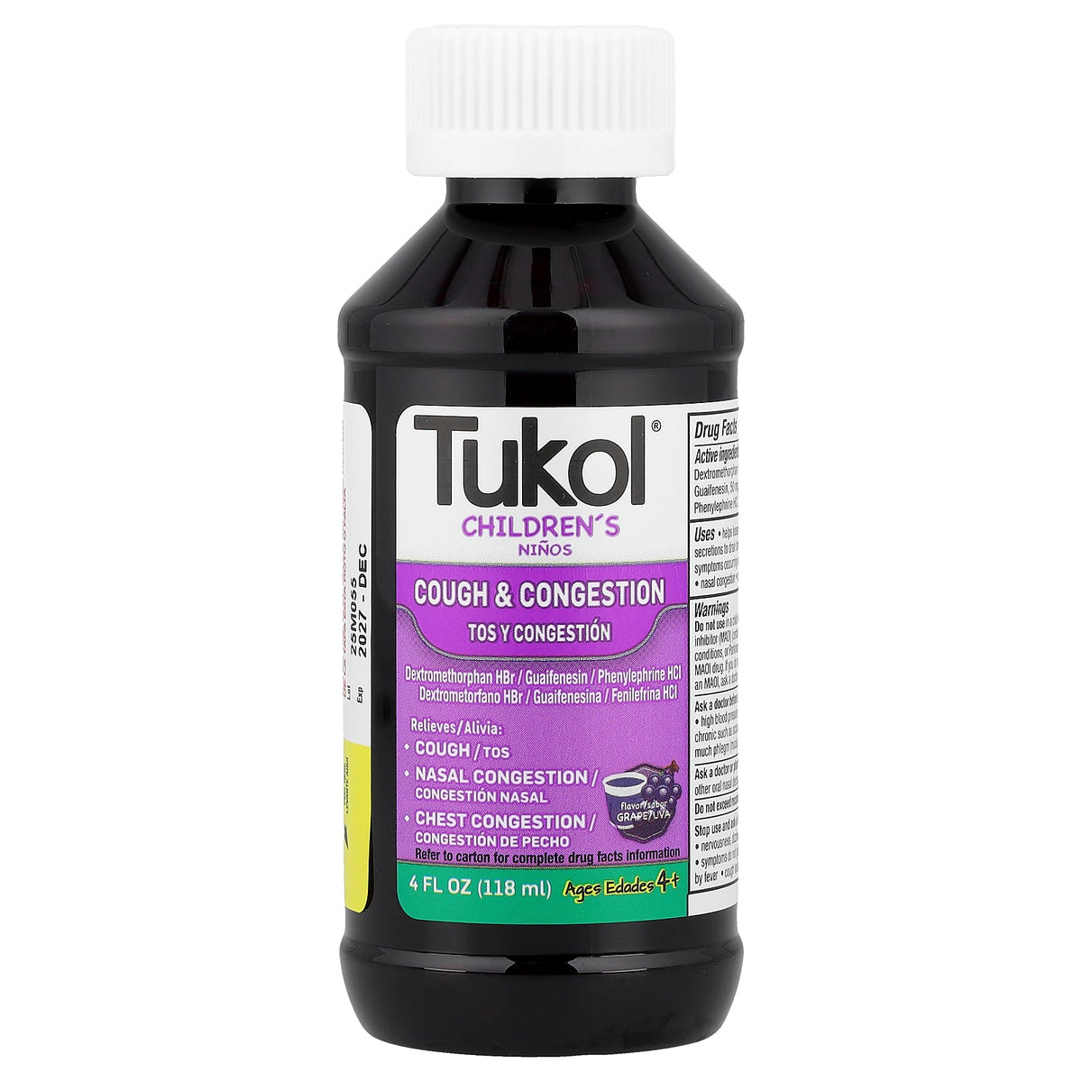 Tukol, Children's, Cough & Congestion, Ages 4+, Grape, 4 fl oz (118 ml)
