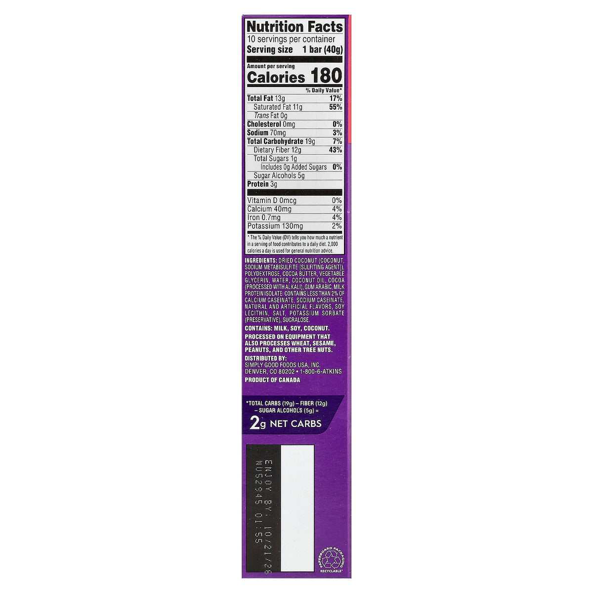 Atkins, Endulge™, Chocolate Coconut Bar, 10 Bars, 1.41 oz (40 g) Each
