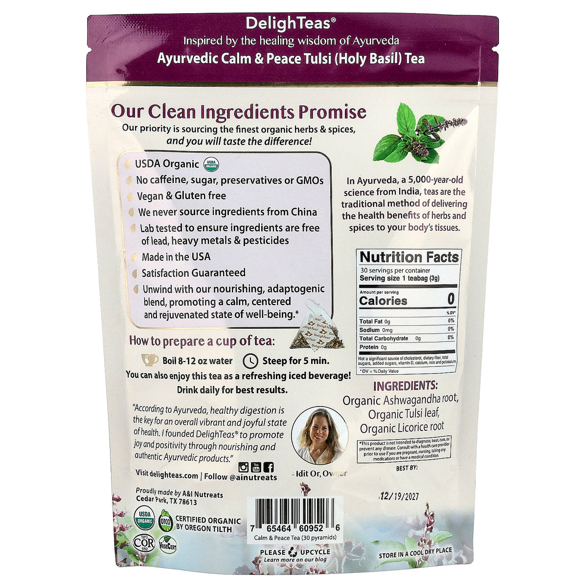 DelighTeas, Ayurvedic Calm & Peace Tulsi (Holy Basil) Tea, Caffeine Free, 30 Luxury Pyramid Tea Bags, 3.2 oz (90 g)