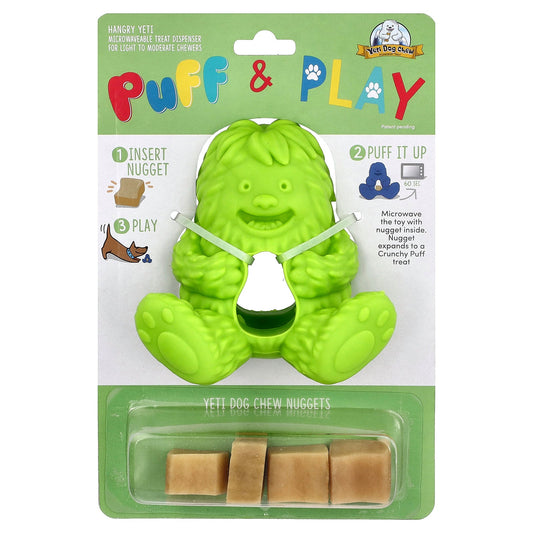 Puff & Play, Treat Dispenser, Yeti Dog Chew Nuggets, Green, 4 Nuggets, 1 Dispenser