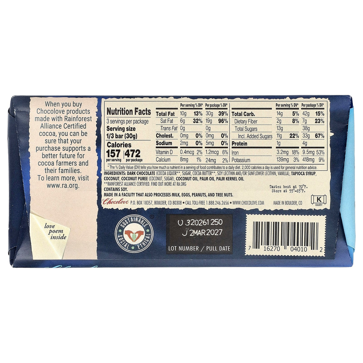 Chocolove, Filled Coconut in Dark Chocolate, 55% Cocoa, 3.2 oz (90 g)