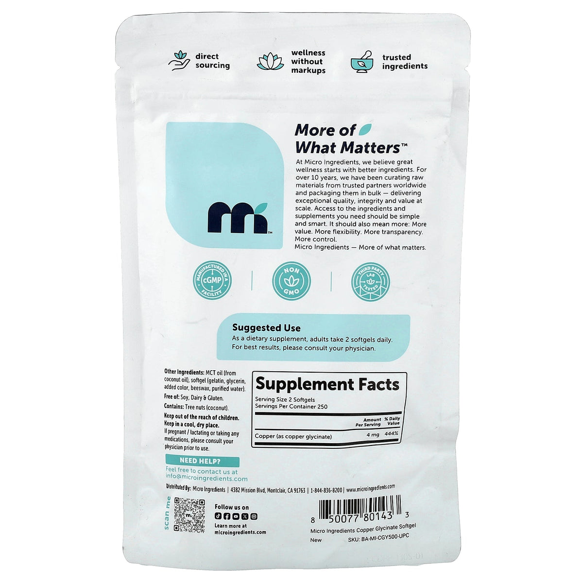 Micro Ingredients, Copper Glycinate, 500 Softgels (2 mg per Softgel)