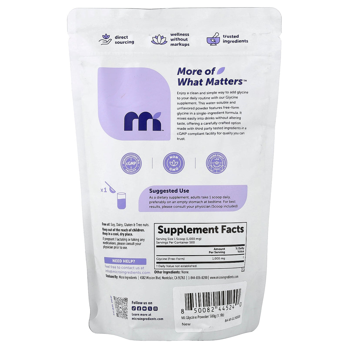 Micro Ingredients, Glycine Powder, Unflavored, 1.1 lb (500 g)