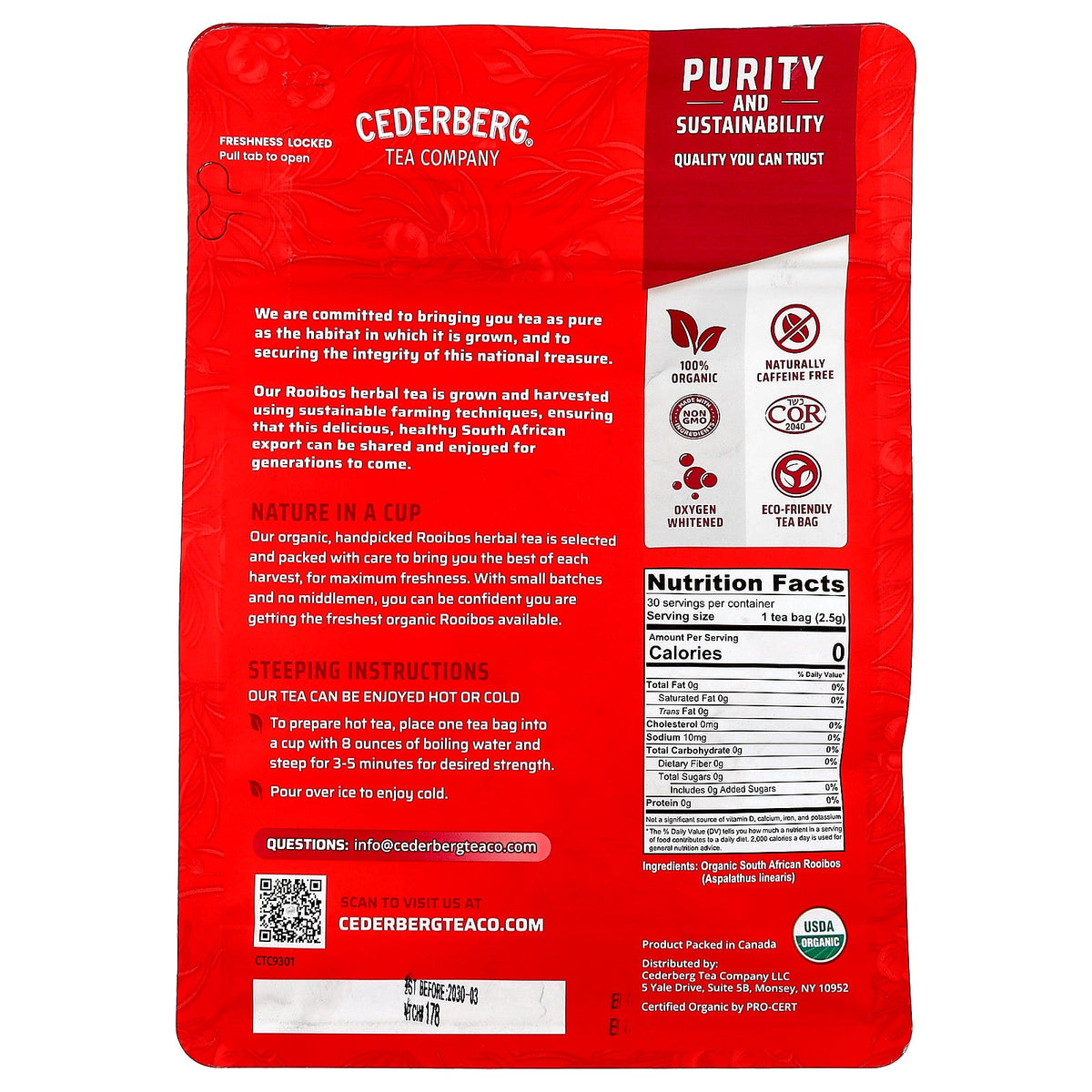 Cederberg Tea Co, Organic South African Herbal Tea, Red Rooibos, Caffeine Free, 30 Tea Bags, 2.6 oz (75 g)