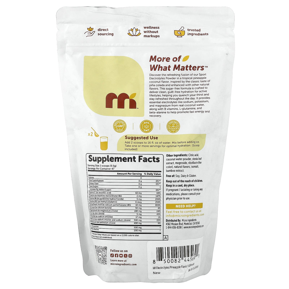 Micro Ingredients, Electrolytes Powder, Pina Colada, 1 lb (454 g)