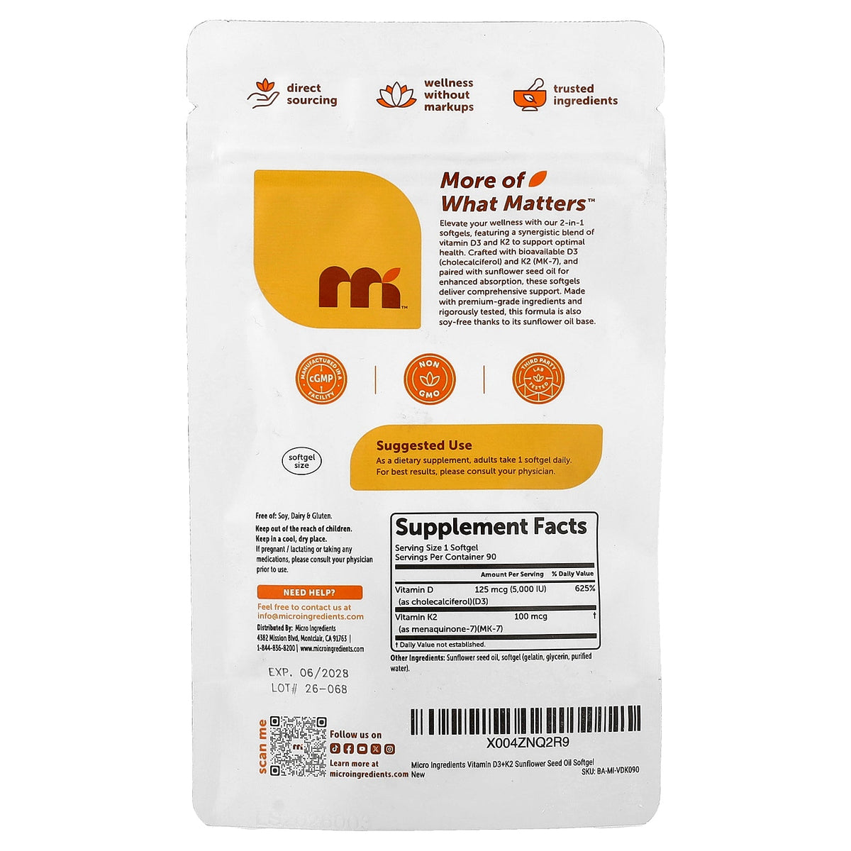 Micro Ingredients, Vitamin D3 & K2, 90 Softgels