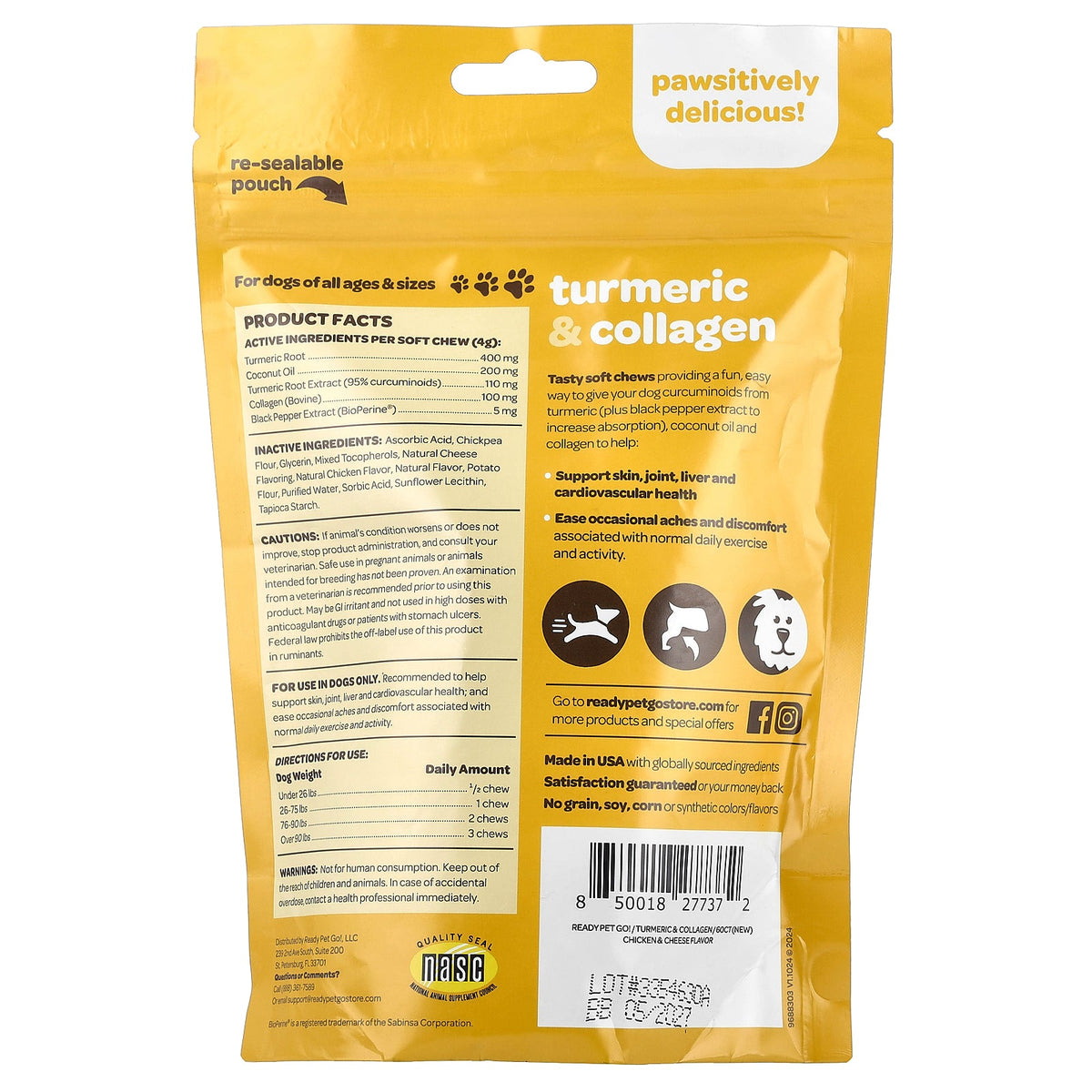 Ready Pet Go, Turmeric & Collagen, For Dogs, All Ages, Chicken & Cheese, 60 Soft Chews, 8.5 oz (240 g)