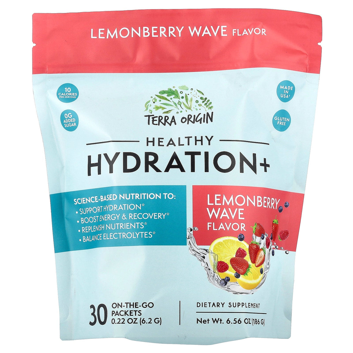 Terra Origin, Healthy Hydration+, Lemonberry Wave, 30 On-The-Go Packets, 0.22 oz (6.2 g) Each