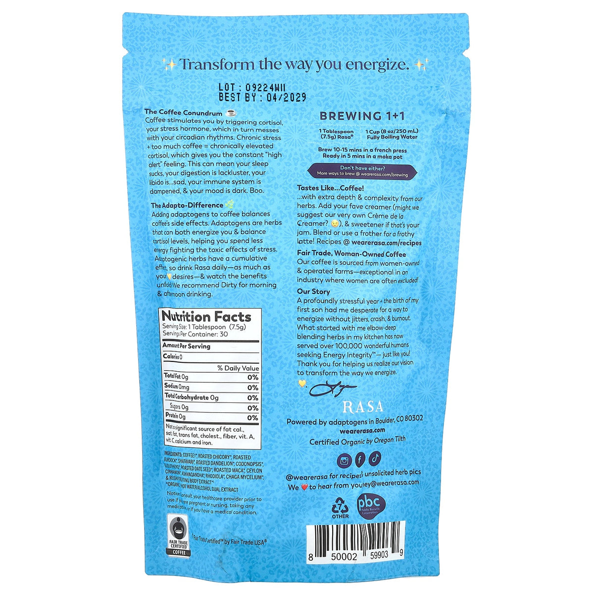 Rasa, Adaptogen-Packed Coffee, Dirty, 8 oz (226 g)