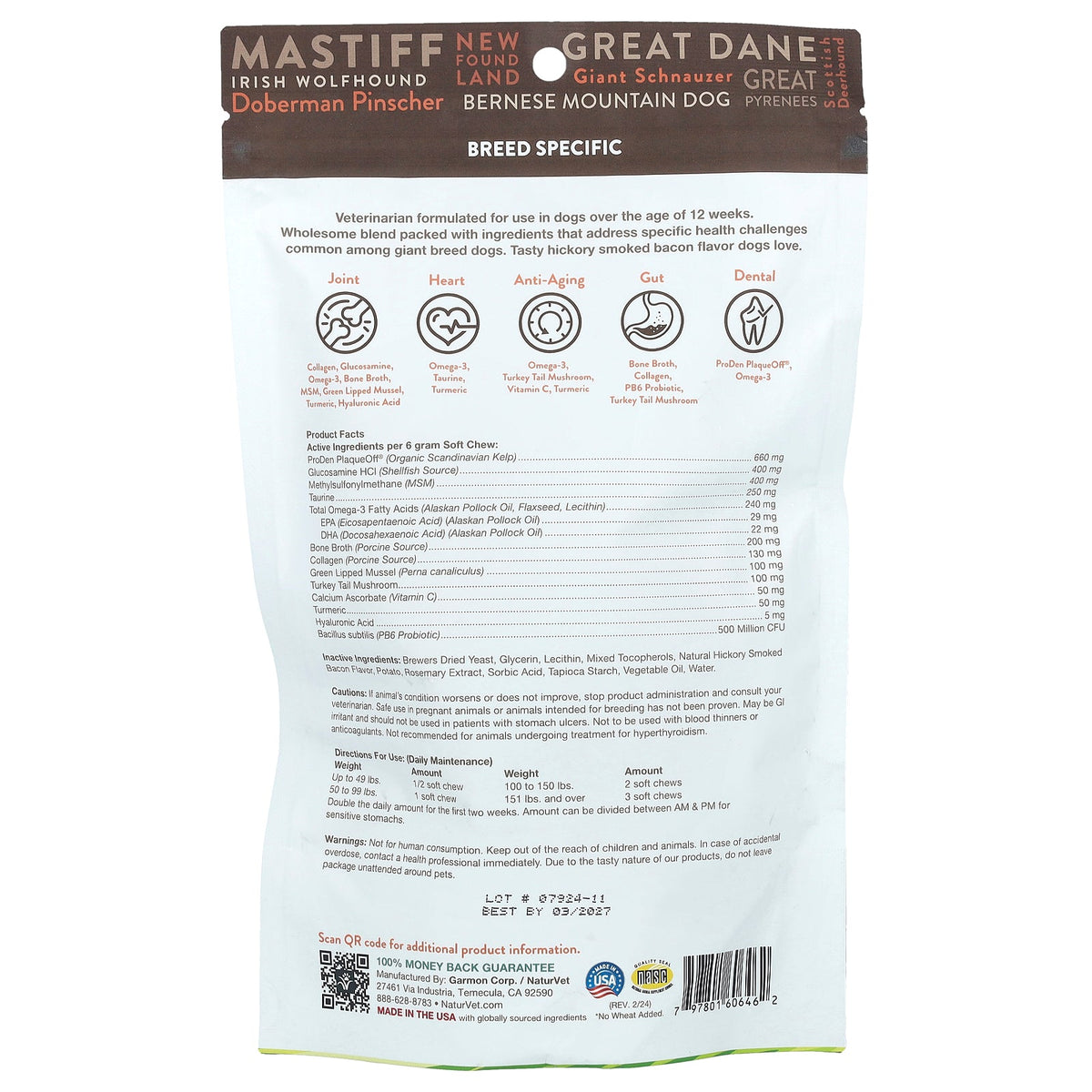 NaturVet, Giant Breeds, For Dogs, Hickory Smoked Bacon, 50 Soft Chews, 10.5 oz (300 g)