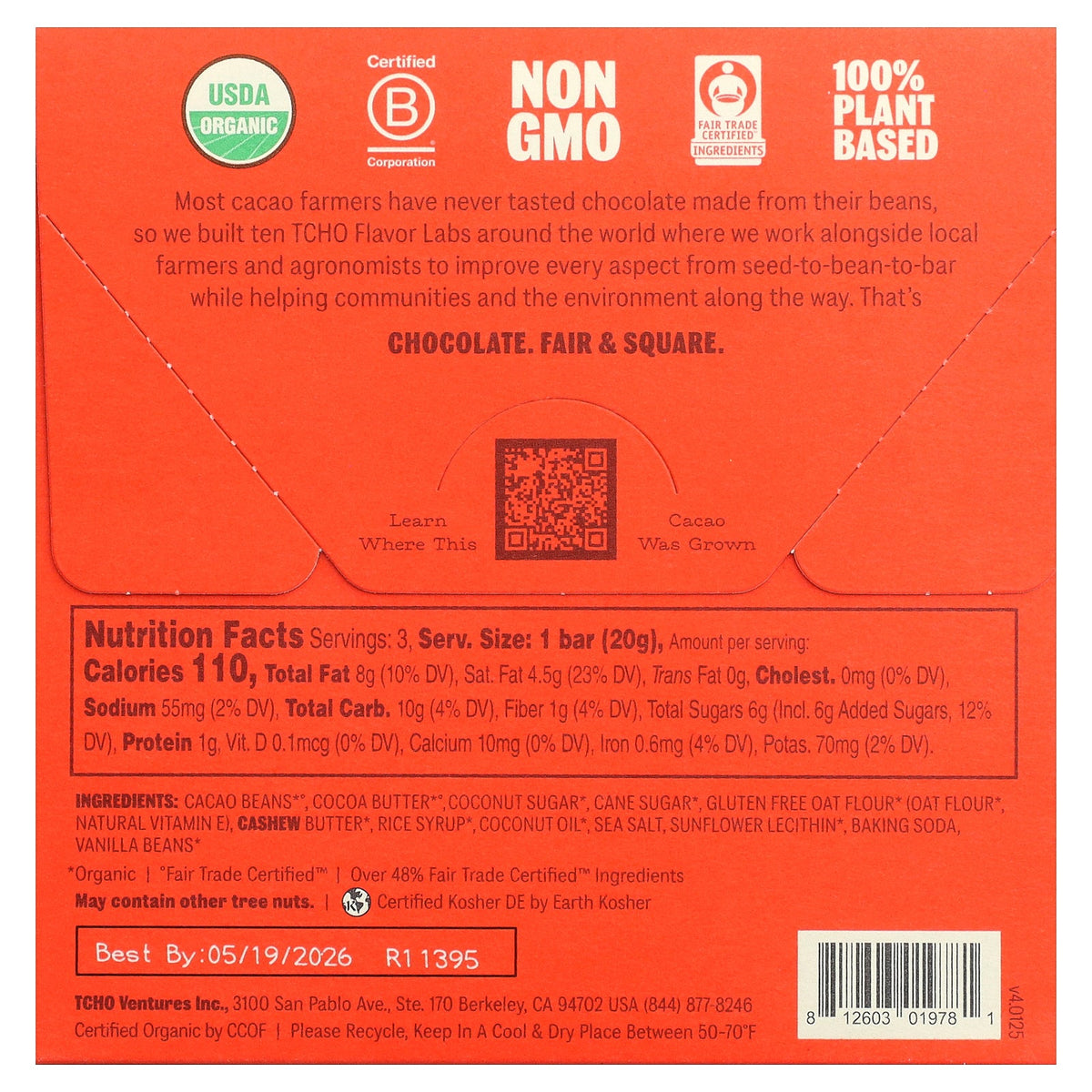 TCHO, Toffee Time, Oat Milk Chocolate With Toffee & Sea Salt, 53% Cacao, 3 Bars, 0.70 oz Each