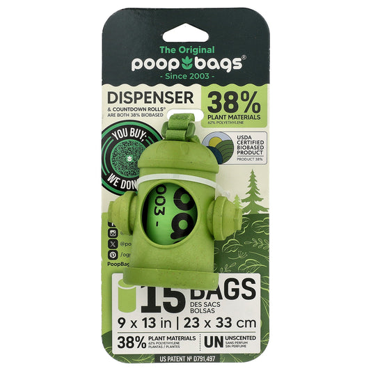 Original Poop Bags, Bag Dispenser + Bags, Green, Unscented , 1 Dispenser, 15 Bags